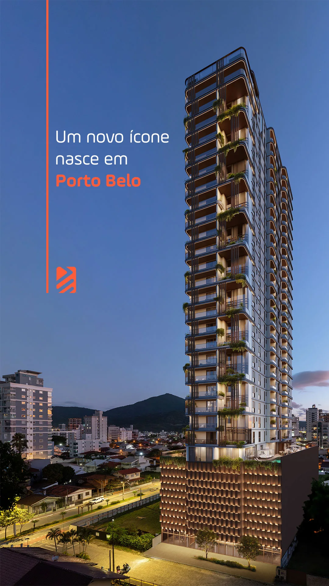 Render noturno de torre com sacadas curvas e vegetação sobre a paisagem de Porto Belo, com a frase “Um novo ícone nasce em Porto Belo”